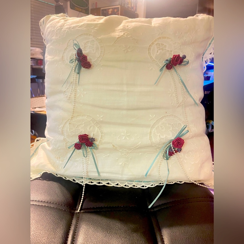 Vintage Victorian Throw Pillow With Roses, Lace & Pearls